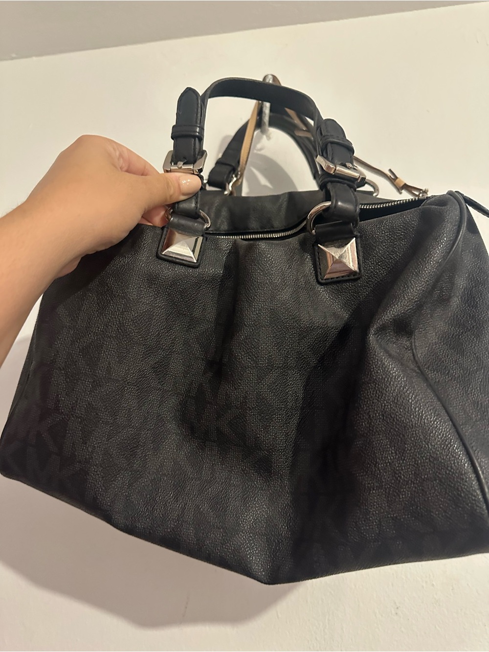 Michael Kors Black Leather Tote Handbag with Metal Accents